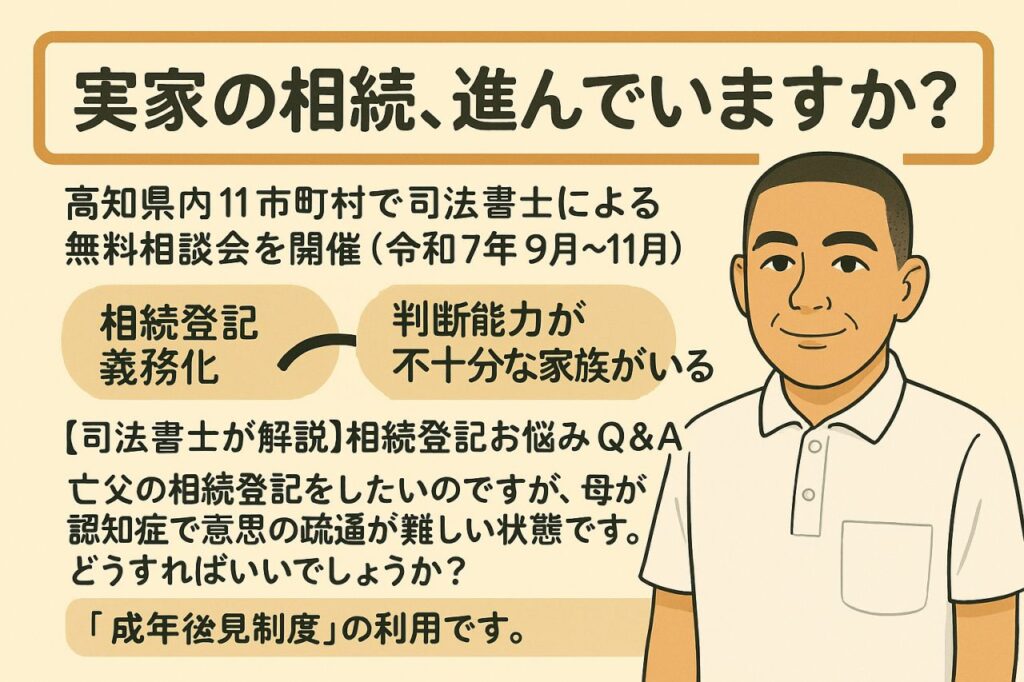 高知県で相続登記にお悩みの方へ。親の認知症などで手続きが難しいケースを司法書士が解説します。成年後見制度についても触れています。県内11市町村で無料相談会（予約不要）を開催しますので、この機会に専門家へご相談ください。