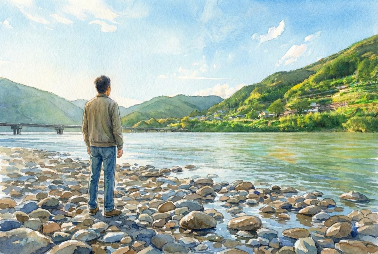 四万十川の川辺で風景を眺める男性