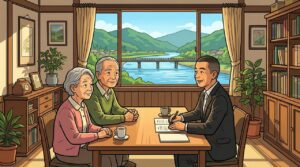 小谷龍司司法書士が出張相談し、年配の夫婦とテーブル越しに話している。