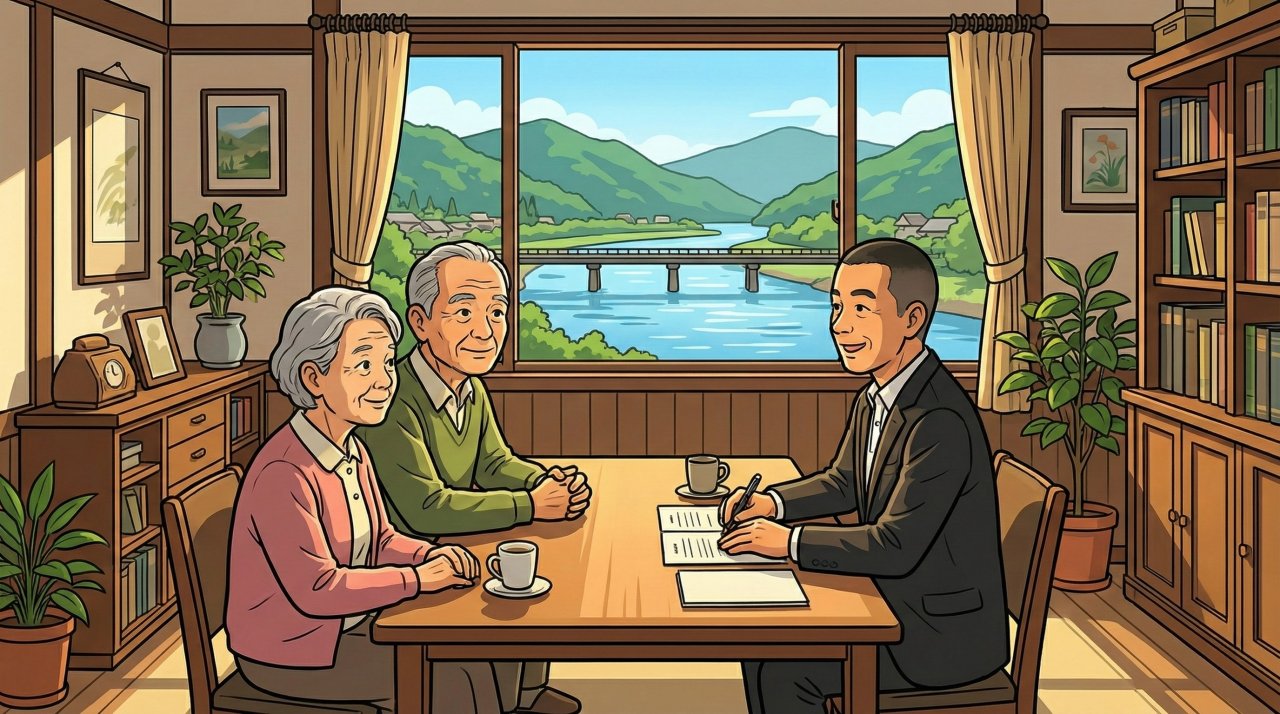 小谷龍司司法書士が出張相談し、年配の夫婦とテーブル越しに話している。